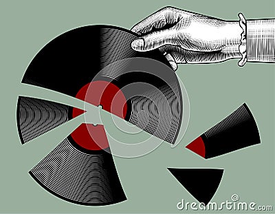 Woman`s hand with a broken gramophone record Vector Illustration