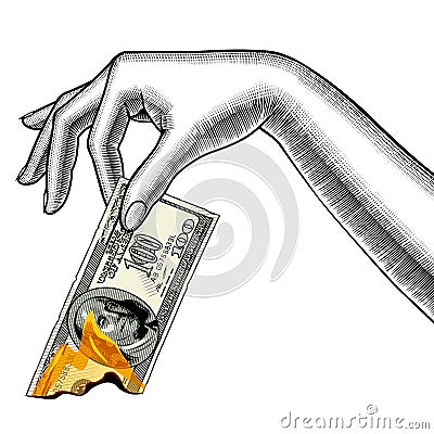 Woman`s hand with burning a 100 dollar banknote Vector Illustration