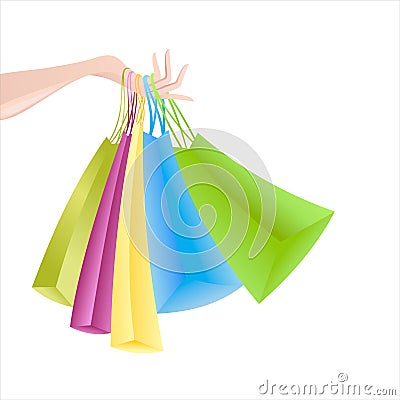 Woman`s hand with colorful bags Vector Illustration