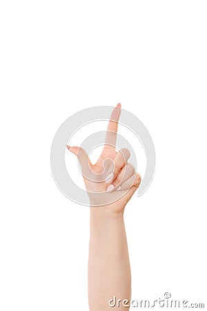 Woman`s hand is counting number 1 or One isolated on white background. Stock Photo