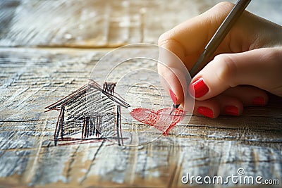 Woman's hand draws a house with red heart. Home sweet home concept Stock Photo