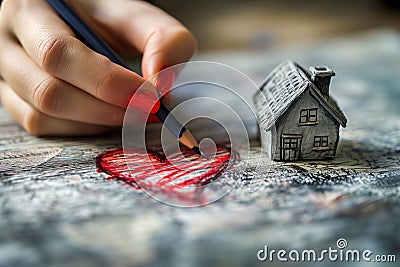 Woman's hand draws a house with red heart. Home sweet home concept. Dream housing. homesickness Stock Photo