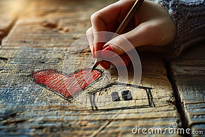 Woman's hand draws a house with red heart. Home sweet home concept. Dream housing. homesickness Stock Photo