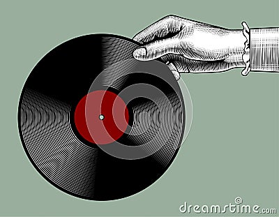 Woman`s hand with a gramophone record Vector Illustration