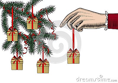 A woman`s hand hangs Christmas gifts with a red ribbon on the Christmas tree Vector Illustration