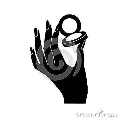 Woman`s hand hold eye shadow vector icon Vector Illustration