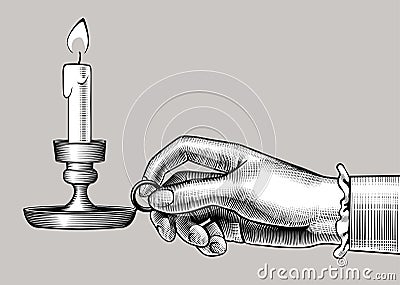 Woman`s hand holding a candlestick with burning candle Vector Illustration