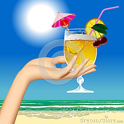 Woman`s hand holding a fruit cocktail against the sea beach Vector Illustration