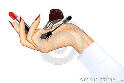 Woman`s hand holding makeup items Vector Illustration