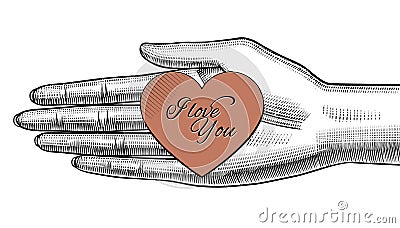 Woman`s hand holding on the palm a red paper heart with I love Y Vector Illustration