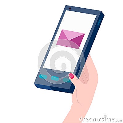 Woman`s hand holding a phone with sms or email message Vector Illustration