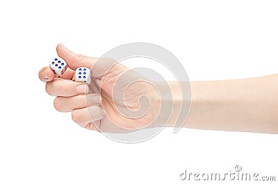 Woman`s hand holding playing dices. Isolated on white Stock Photo