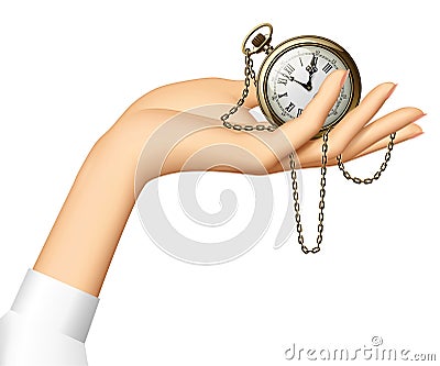 Woman`s hand holding a retro pocket watch with chainlet Vector Illustration