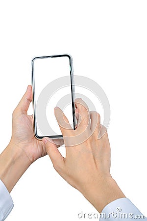 Woman`s hand holding and using smartphone. Closeup hand touching smartphone with blank screen isolated on white background Stock Photo