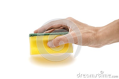 Woman`s Hand Holding A Yellow And Green Dish Sponge Stock Photo