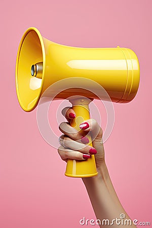 Woman& x27;s Hand Holding Yellow Megaphone on Pink Background. Generative AI Stock Photo