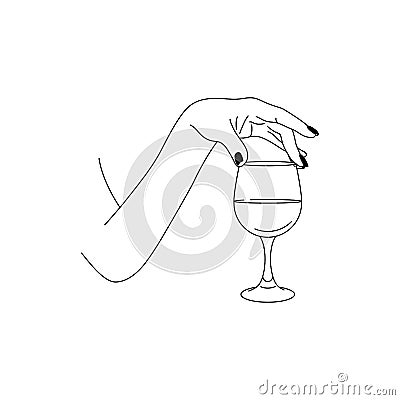 Woman`s Hand Holds a glass of Wine in a minimalistic style . Vector Fashion Illustration of the female body Vector Illustration