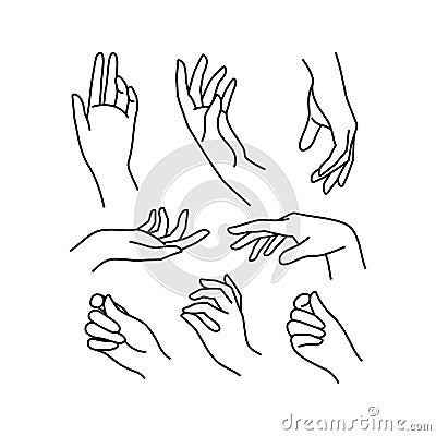 Woman`s hand icon collection line. Vector Illustration of Elegant female hands of different gestures. Vector Illustration