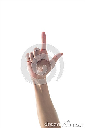 Woman`s hand with index pointing finger with rim light isolated on white background clipping path Stock Photo
