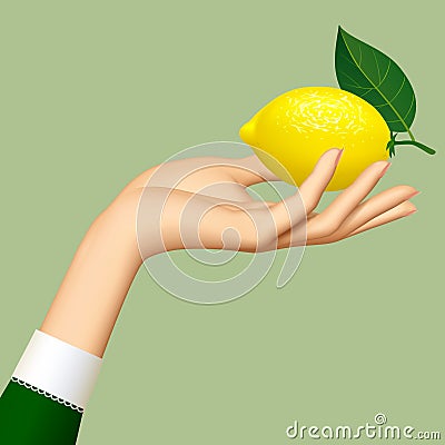 Woman`s hand with a lemon isolated on green background Vector Illustration