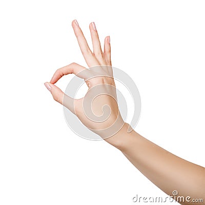 Woman`s hand making sign Ok Stock Photo
