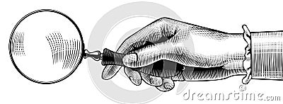 Woman`s hand with an old magnifying glass Vector Illustration