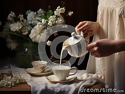 woman's hand pours milk into the cup Stock Photo