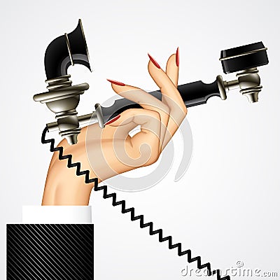 Woman`s hand with retro black phone Vector Illustration