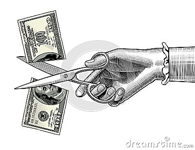 Woman`s hand with scissors cutting a 100 dollar banknote Vector Illustration