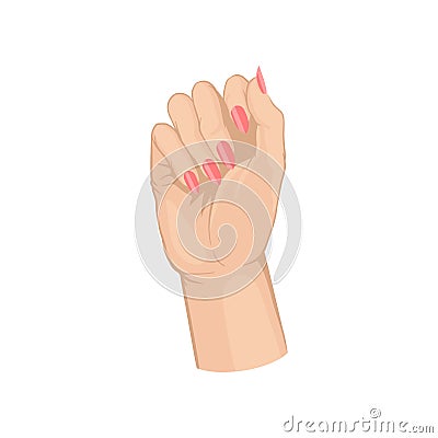 Woman s hand showing fresh manicure. Bright pink fingernails. Flat vector element for advertising poster or flyer of Vector Illustration