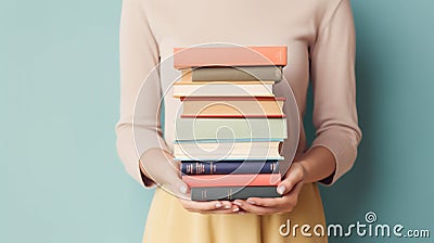 Woman's Hands Grasping Stack of Books Against Light Solid Background. Generative ai Cartoon Illustration