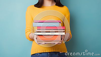 Woman's Hands Grasping Stack of Books Against Light Solid Background. Generative ai Cartoon Illustration