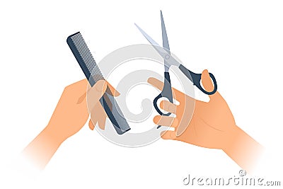 Woman`s hands with hairstyle accessories: comb, scissors. Flat v Vector Illustration