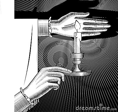 Woman`s hands holding a candlestick with burning candle on black Vector Illustration