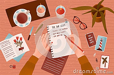 Woman s hands holding pen and writing down goals to achieve in notepad or making To Do List. Top view. Effective Vector Illustration