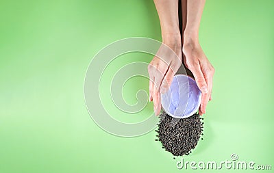 Woman`s hands holding purple moisturizing cream with bakuchiol ingredient. Babchi seeds Psoralea corylifolia. Bakuchiol Stock Photo