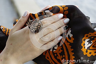 Woman`s hands with jewelry rings.close-up beauty and fashion portrait. Stock Photo