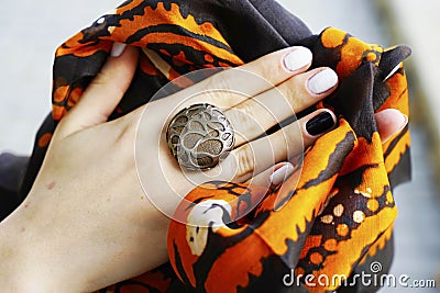 Woman`s hands with jewelry rings.close-up beauty and fashion portrait. Stock Photo