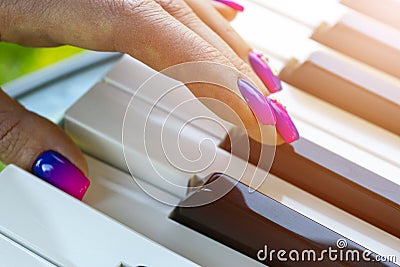 Woman`s hands on the keyboard of the piano closeup. Hands musician playing the piano. Top view. Hands pianist playing music on th Stock Photo