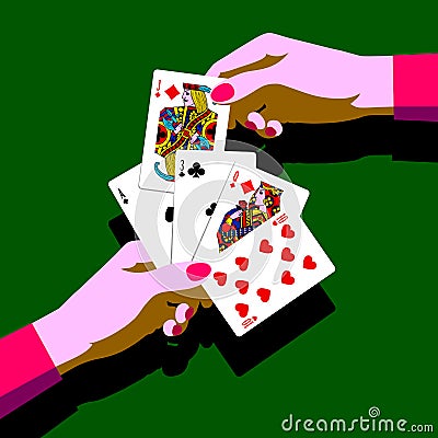 Woman`s hands with playing cards fan Vector Illustration