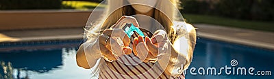 Woman`s hands using bottle of sanitizer gel/soap disinfect her hands before go to pool Stock Photo