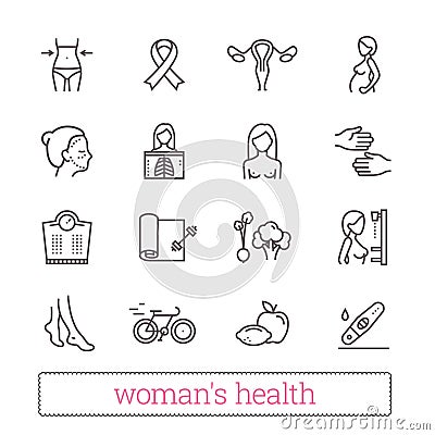 Woman`s health thin line icons. Medicine, women beauty, active lifestyle, healthy diet, breast cancer awareness symbols. Vector Illustration