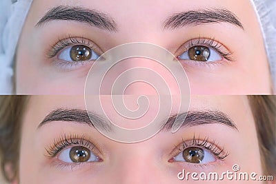 Woman`s lashes after and before beauty procedure of eyelash lifting and laminating, closeup Stock Photo