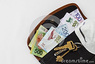 Woman`s open wallet with money sticking out of it, keys and mouth mask. Stock Photo