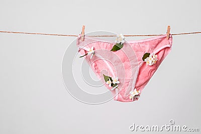 Woman`s pink underwear with flowers on clothesline, concept content for feminist blog, poster about women`s health Stock Photo