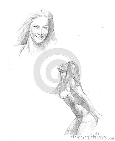 Woman`s portrait and sketch of body Stock Photo