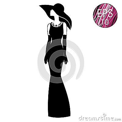 Woman`s silhouette in black hat and long dress Vector Illustration