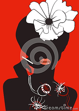 Woman's silhouette with cigarette and poppy. Vector Illustration