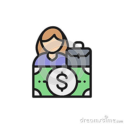 Woman salary, gender gap, female equality flat color line icon. Vector Illustration