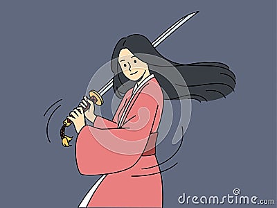 Woman samurai with katana knows asian martial arts and trains willing to compete Vector Illustration